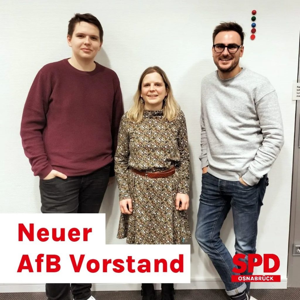 Am 30. November 2022 wurden Katharina Kosubek (mitte) und Daniel Becker (links) als neue Vorsitzende der AfB Osnabrück gewählt. Patrick Kunze unterstützt das Vorstands-Duo als stellvertretender Vorsitzender. 